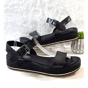 Timberland Womens Black Leather Espadrille Platform Sandals Size 11 Adjustable